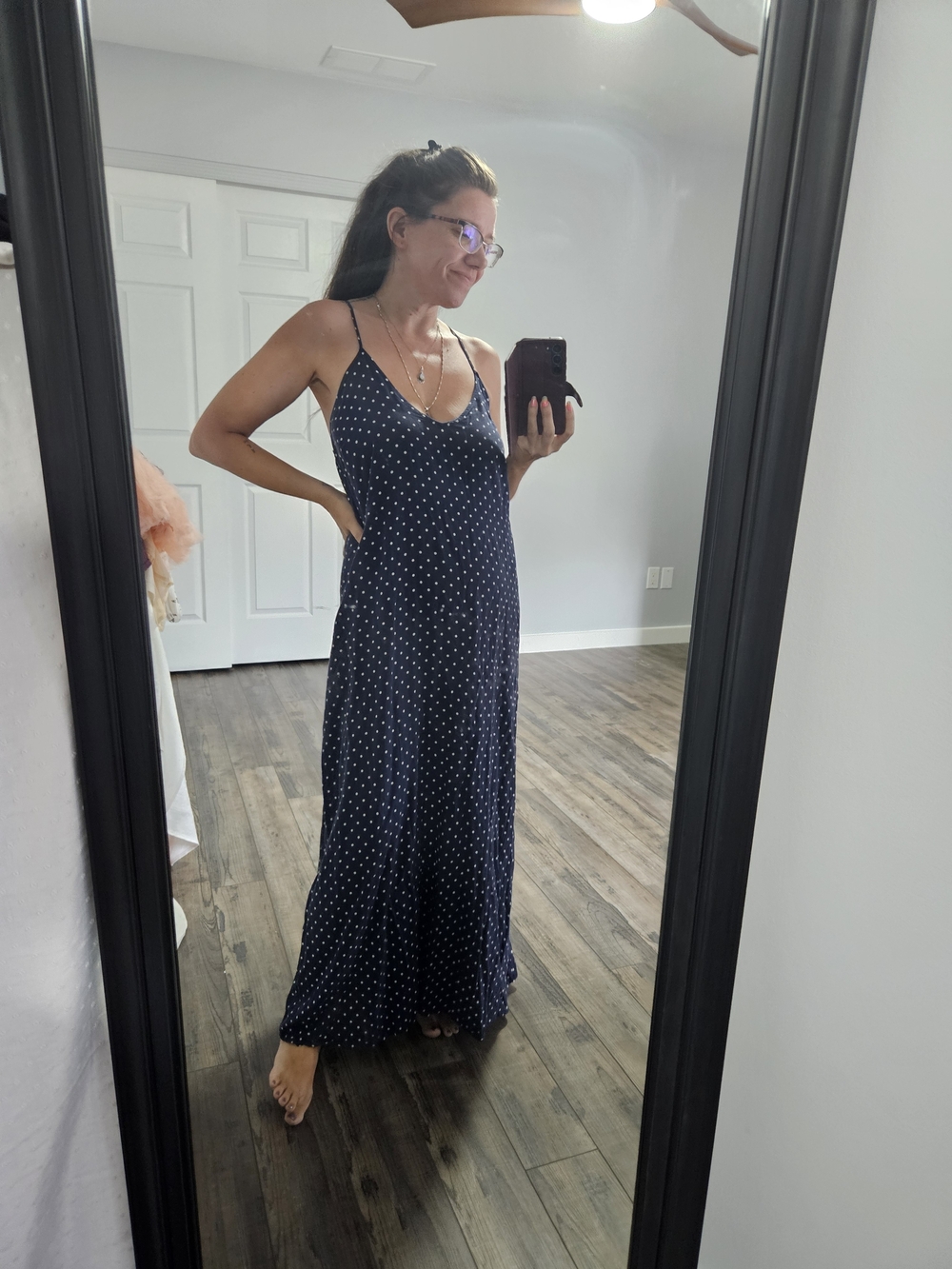 Women's Navy Polka Dot Maxi Dress - Sleeveless Strappy Fit